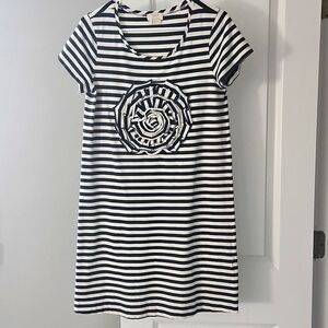 Striped Black and White Cotton Dress with Floral Design